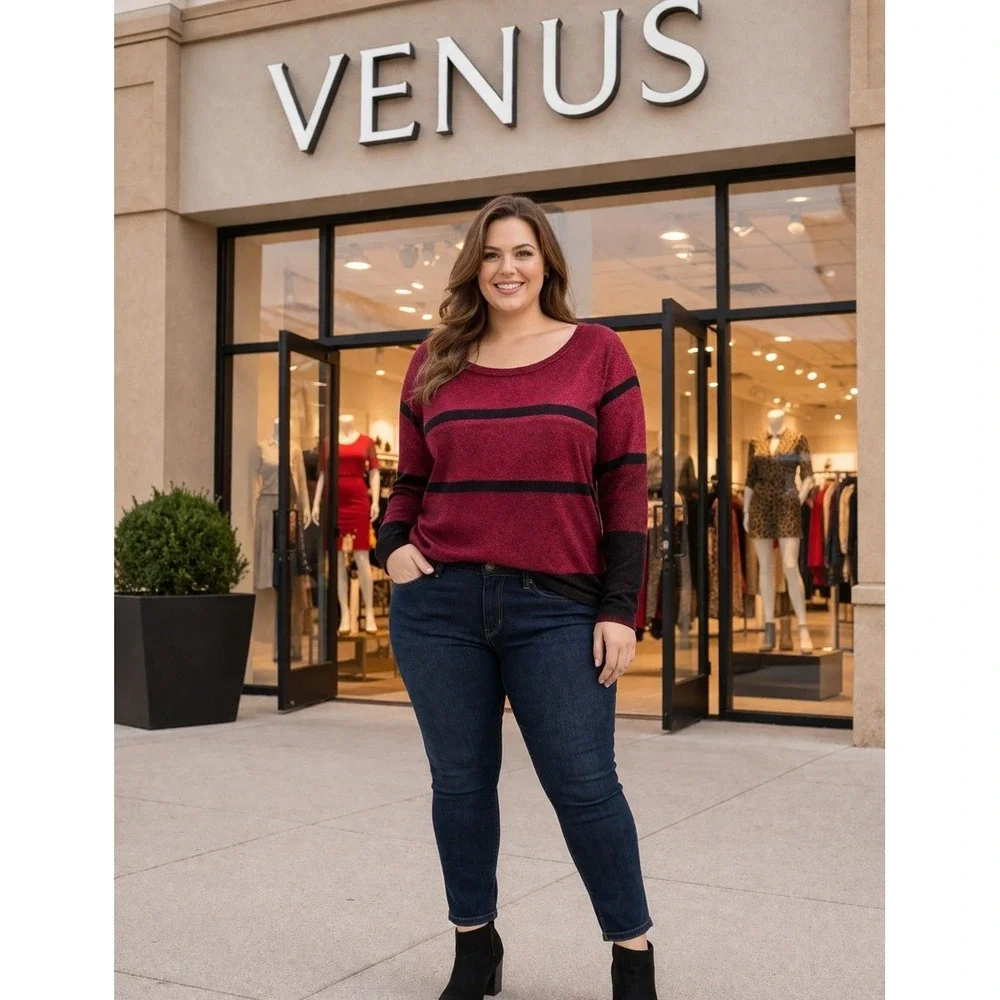 Venus Womens 2X Metallic Sparkle Striped Sweater Burgundy‎ Black Scoop Neck Knit